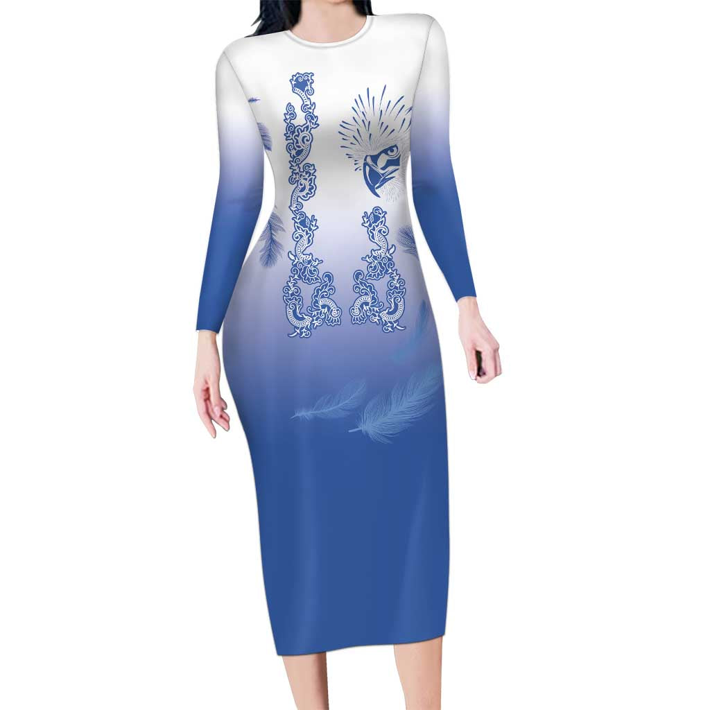 Philippines National Costume Style Long Sleeve Bodycon Dress Barong Tagalog and Eagle Feather Blue Color