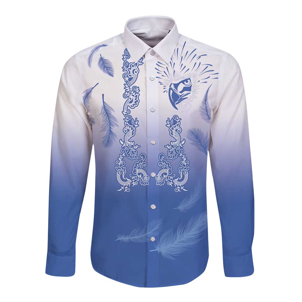 Philippines National Costume Style Long Sleeve Button Shirt Barong Tagalog and Eagle Feather Blue Color LT03 Unisex Blue - Polynesian Pride