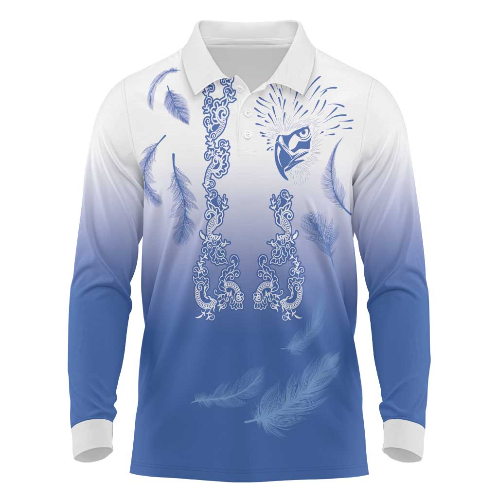 Philippines National Costume Style Long Sleeve Polo Shirt Barong Tagalog and Eagle Feather Blue Color LT03 Blue - Polynesian Pride
