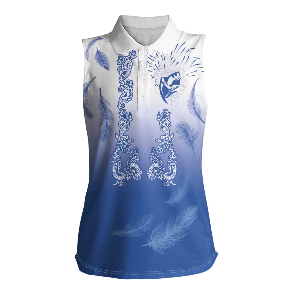 Philippines National Costume Style Women Sleeveless Polo Shirt Barong Tagalog and Eagle Feather Blue Color LT03 Female Blue - Polynesian Pride