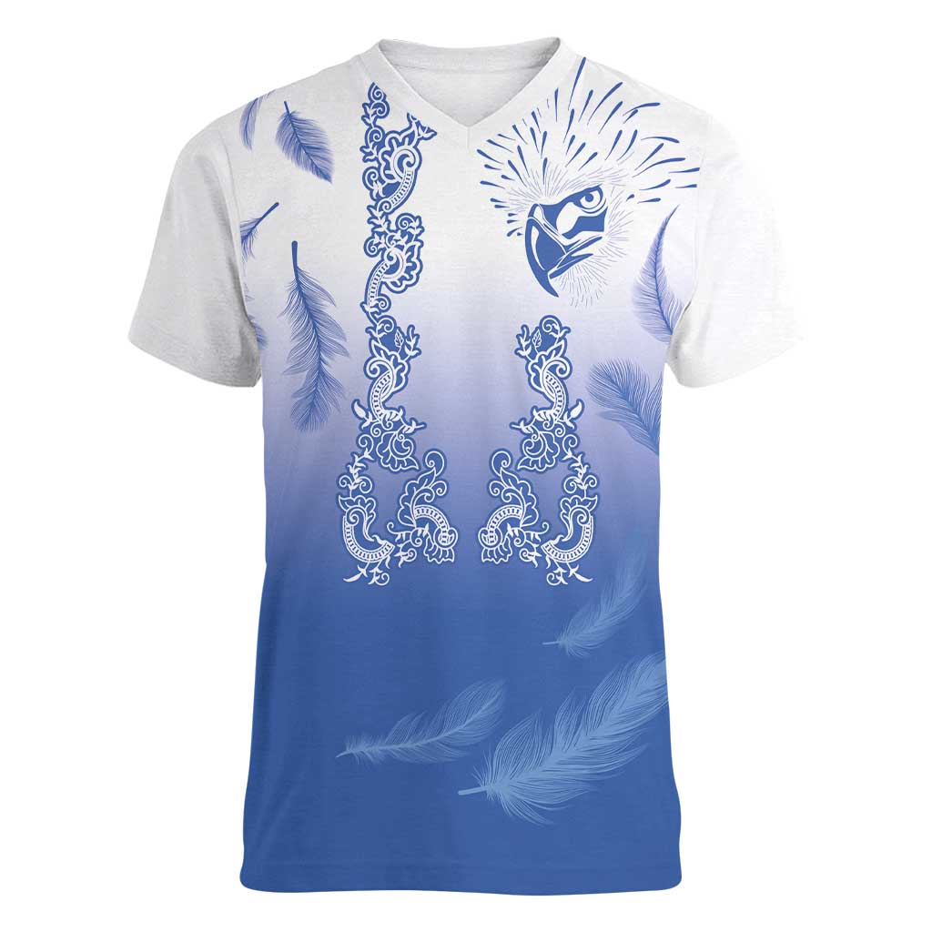 Philippines National Costume Style Women V-Neck T-Shirt Barong Tagalog and Eagle Feather Blue Color LT03 Female Blue - Polynesian Pride