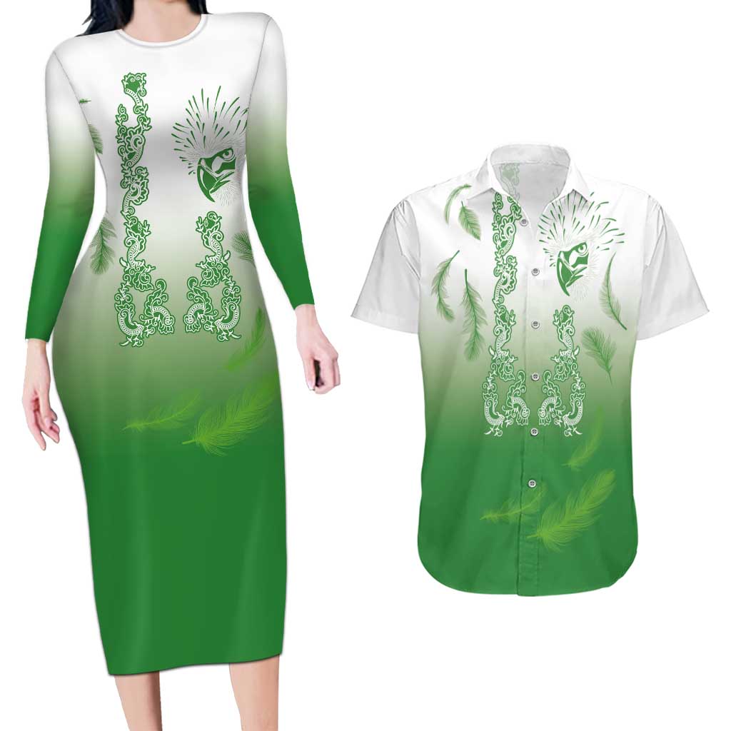 Philippines National Costume Style Couples Matching Long Sleeve Bodycon Dress and Hawaiian Shirt Barong Tagalog and Eagle Feather Green Color LT03 Green - Polynesian Pride
