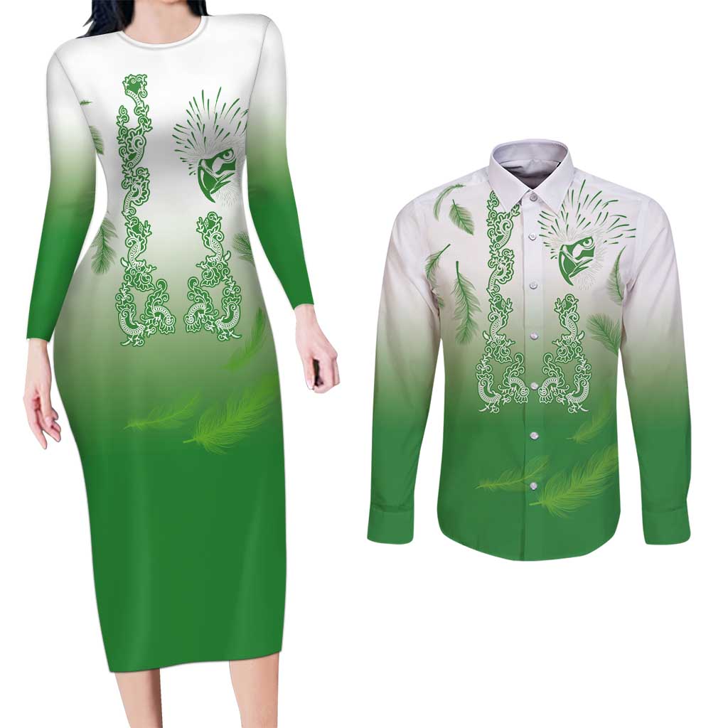 Philippines National Costume Style Couples Matching Long Sleeve Bodycon Dress and Long Sleeve Button Shirt Barong Tagalog and Eagle Feather Green Color LT03 Green - Polynesian Pride