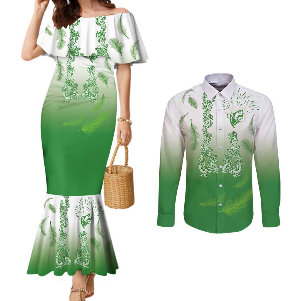 Philippines National Costume Style Couples Matching Mermaid Dress and Long Sleeve Button Shirt Barong Tagalog and Eagle Feather Green Color LT03 Green - Polynesian Pride