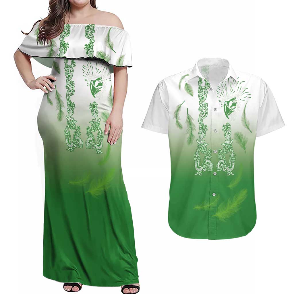 Philippines National Costume Style Couples Matching Off Shoulder Maxi Dress and Hawaiian Shirt Barong Tagalog and Eagle Feather Green Color LT03 Green - Polynesian Pride