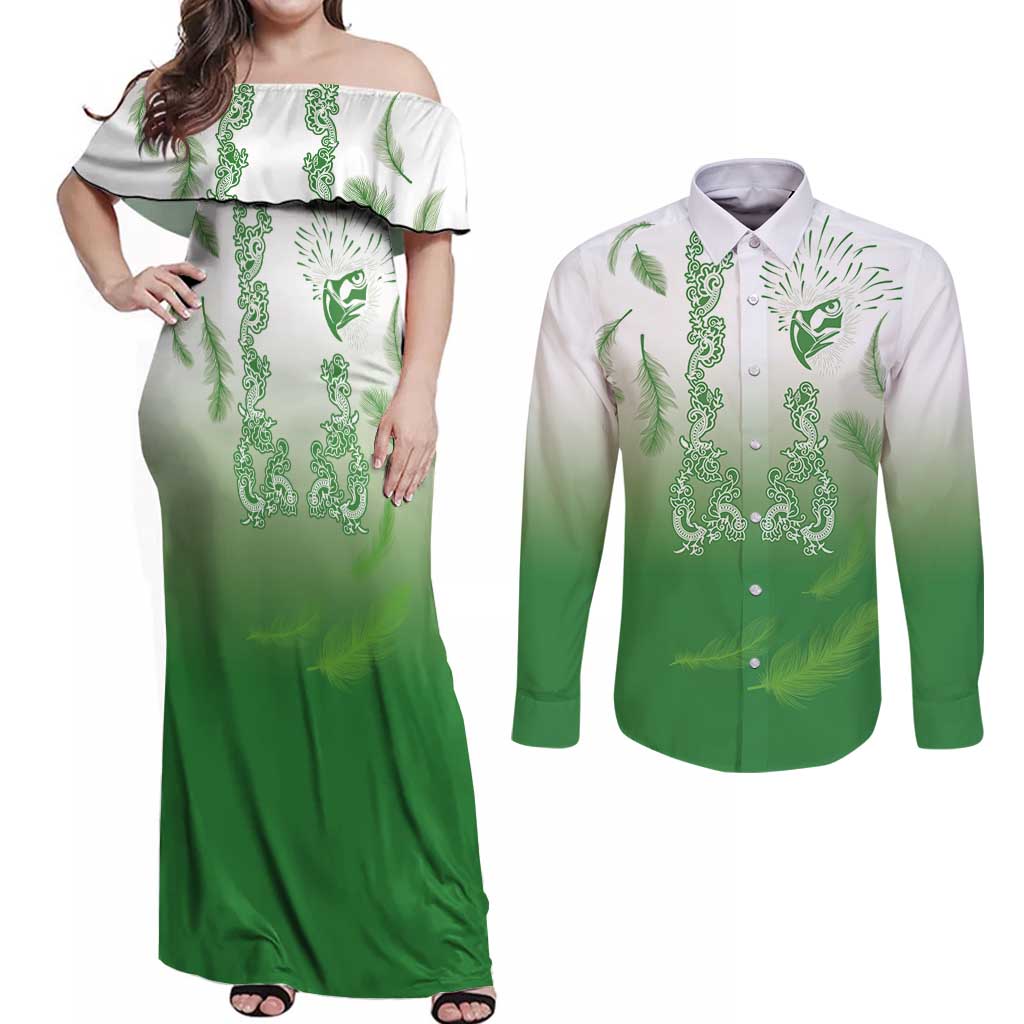 Philippines National Costume Style Couples Matching Off Shoulder Maxi Dress and Long Sleeve Button Shirt Barong Tagalog and Eagle Feather Green Color LT03 Green - Polynesian Pride