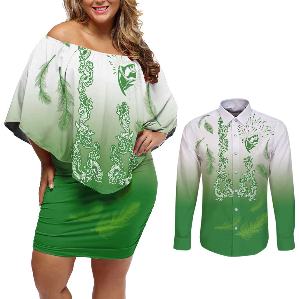 Philippines National Costume Style Couples Matching Off Shoulder Short Dress and Long Sleeve Button Shirt Barong Tagalog and Eagle Feather Green Color LT03 Green - Polynesian Pride