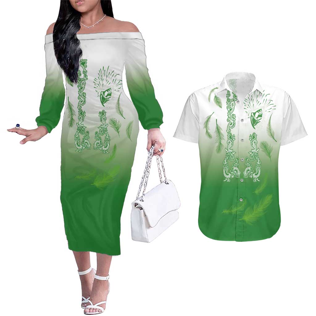 Philippines National Costume Style Couples Matching Off The Shoulder Long Sleeve Dress and Hawaiian Shirt Barong Tagalog and Eagle Feather Green Color LT03 Green - Polynesian Pride