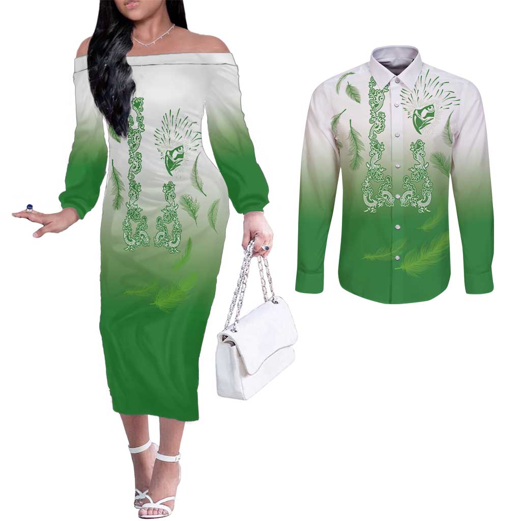 Philippines National Costume Style Couples Matching Off The Shoulder Long Sleeve Dress and Long Sleeve Button Shirt Barong Tagalog and Eagle Feather Green Color LT03 Green - Polynesian Pride