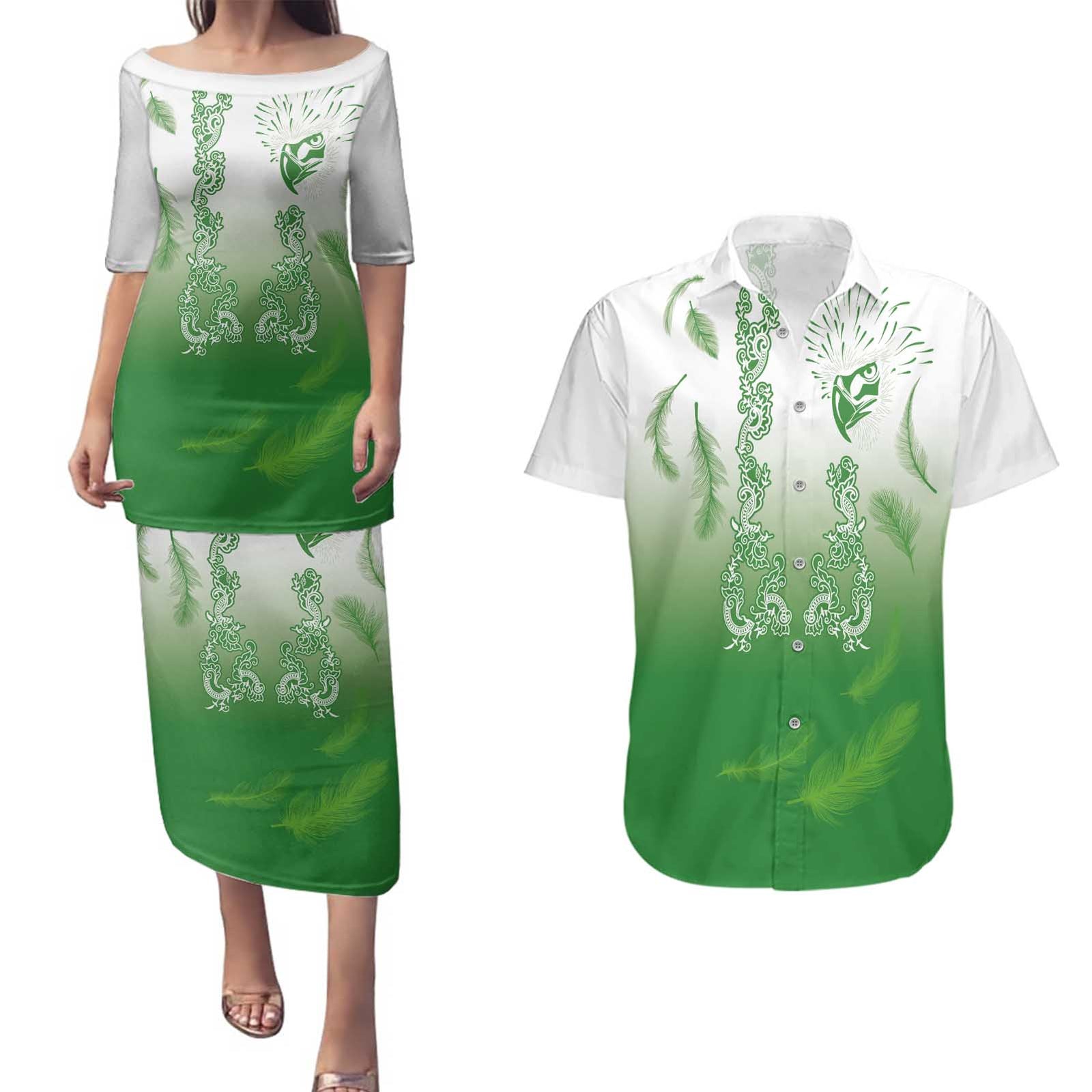 Philippines National Costume Style Couples Matching Puletasi and Hawaiian Shirt Barong Tagalog and Eagle Feather Green Color LT03 Green - Polynesian Pride