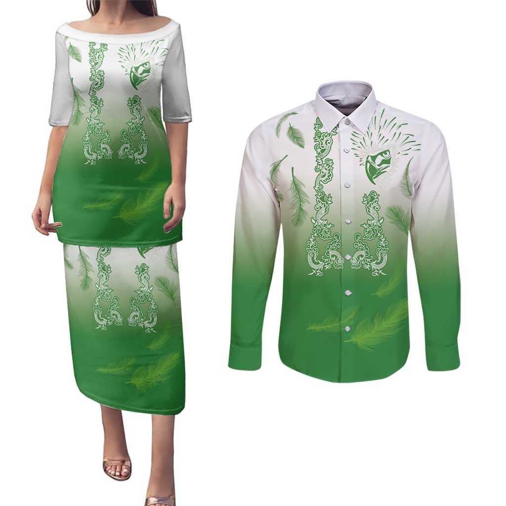 Philippines National Costume Style Couples Matching Puletasi and Long Sleeve Button Shirt Barong Tagalog and Eagle Feather Green Color LT03 Green - Polynesian Pride