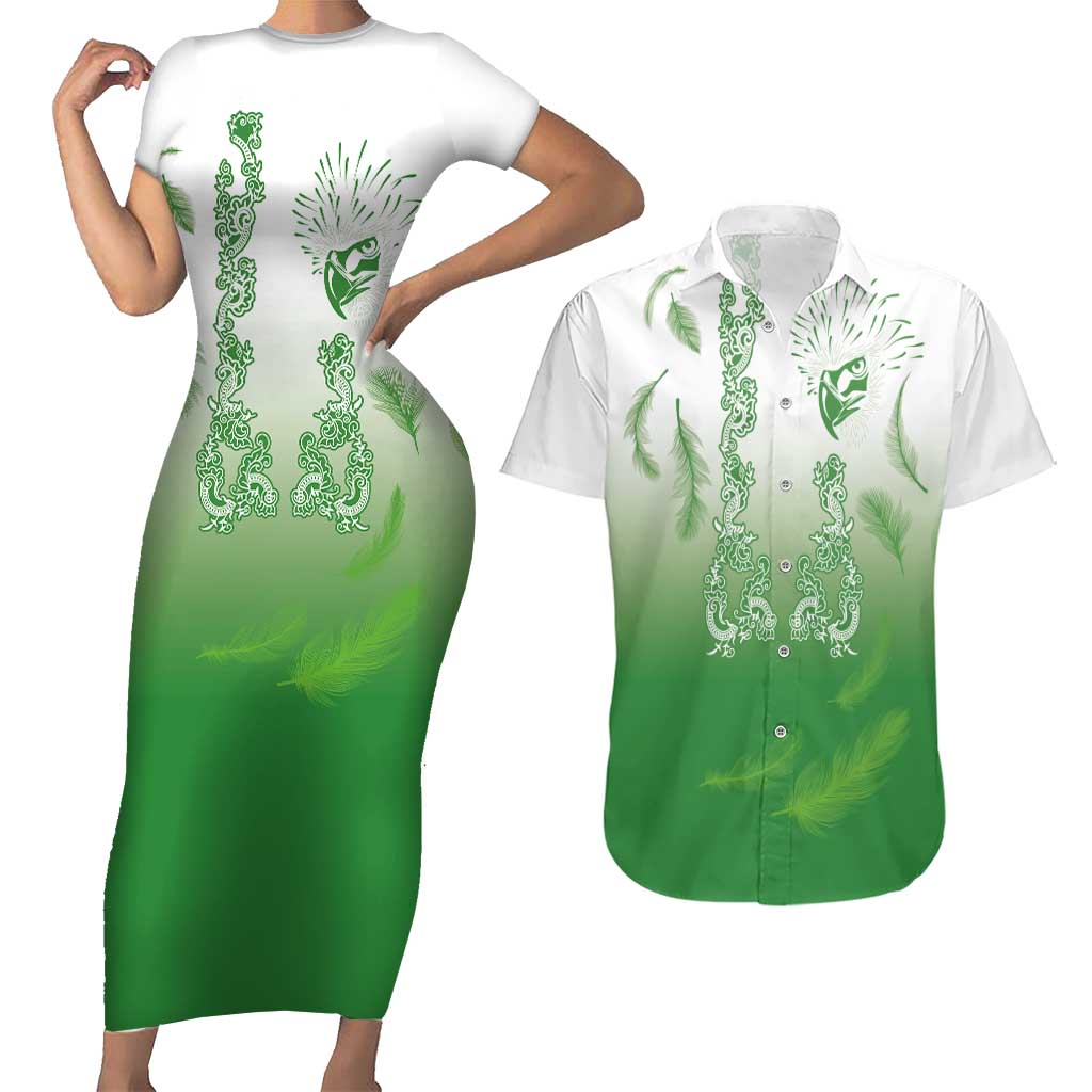 Philippines National Costume Style Couples Matching Short Sleeve Bodycon Dress and Hawaiian Shirt Barong Tagalog and Eagle Feather Green Color LT03 Green - Polynesian Pride