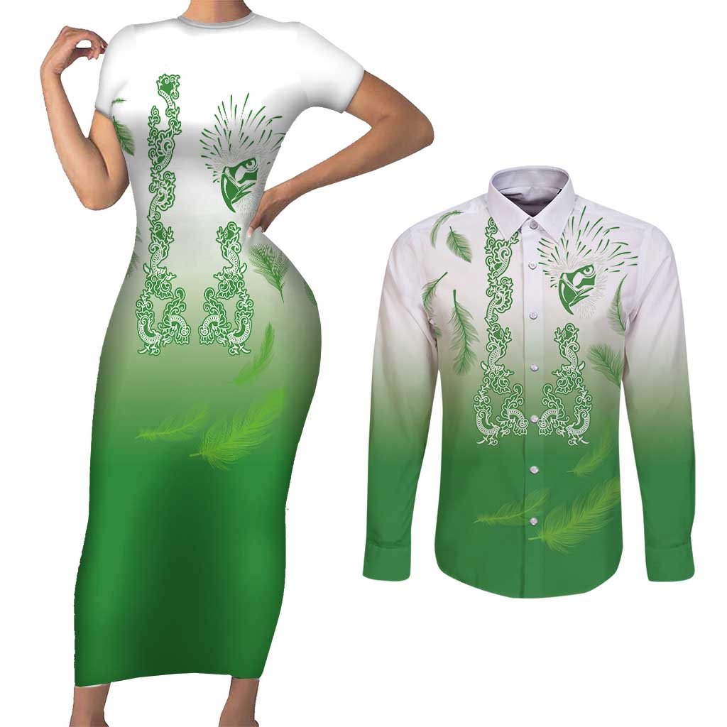Philippines National Costume Style Couples Matching Short Sleeve Bodycon Dress and Long Sleeve Button Shirt Barong Tagalog and Eagle Feather Green Color LT03 Green - Polynesian Pride