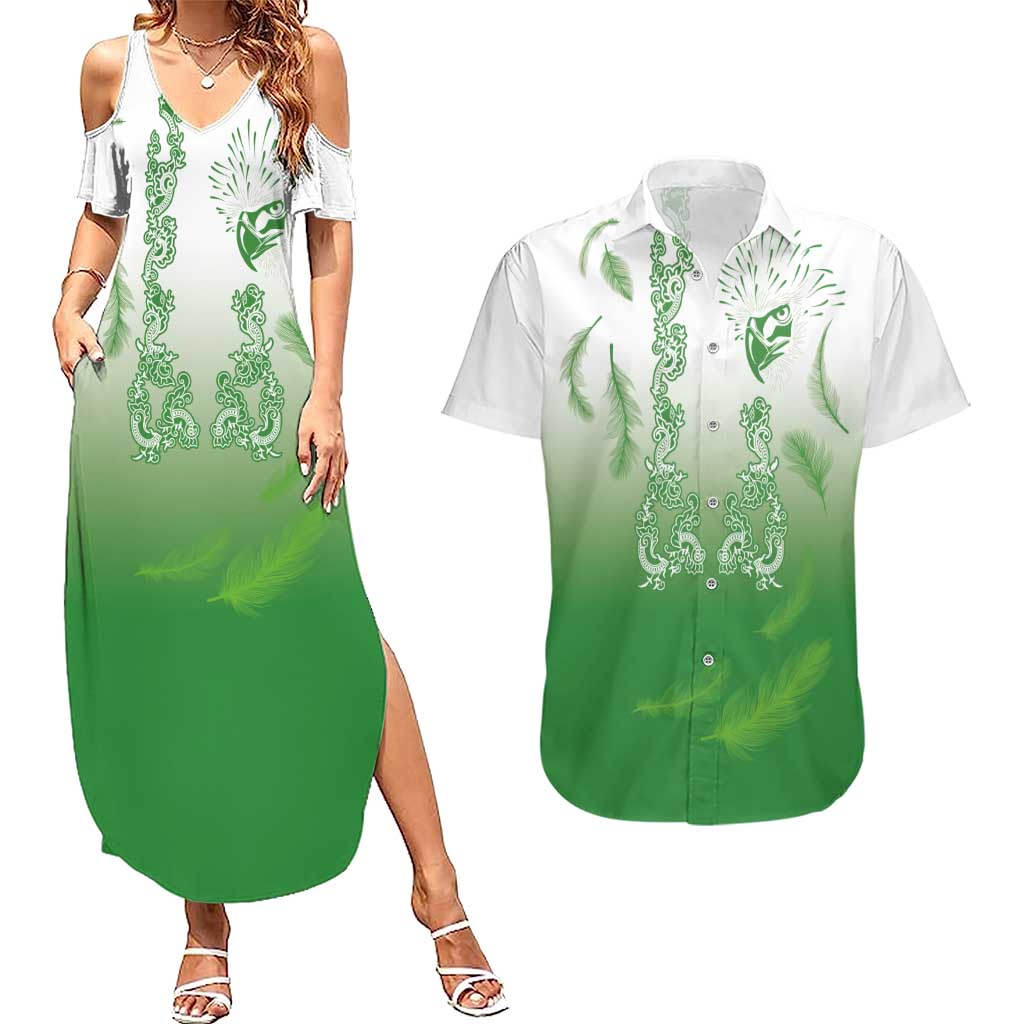Philippines National Costume Style Couples Matching Summer Maxi Dress and Hawaiian Shirt Barong Tagalog and Eagle Feather Green Color LT03 Green - Polynesian Pride
