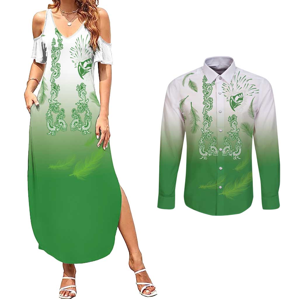Philippines National Costume Style Couples Matching Summer Maxi Dress and Long Sleeve Button Shirt Barong Tagalog and Eagle Feather Green Color LT03 Green - Polynesian Pride
