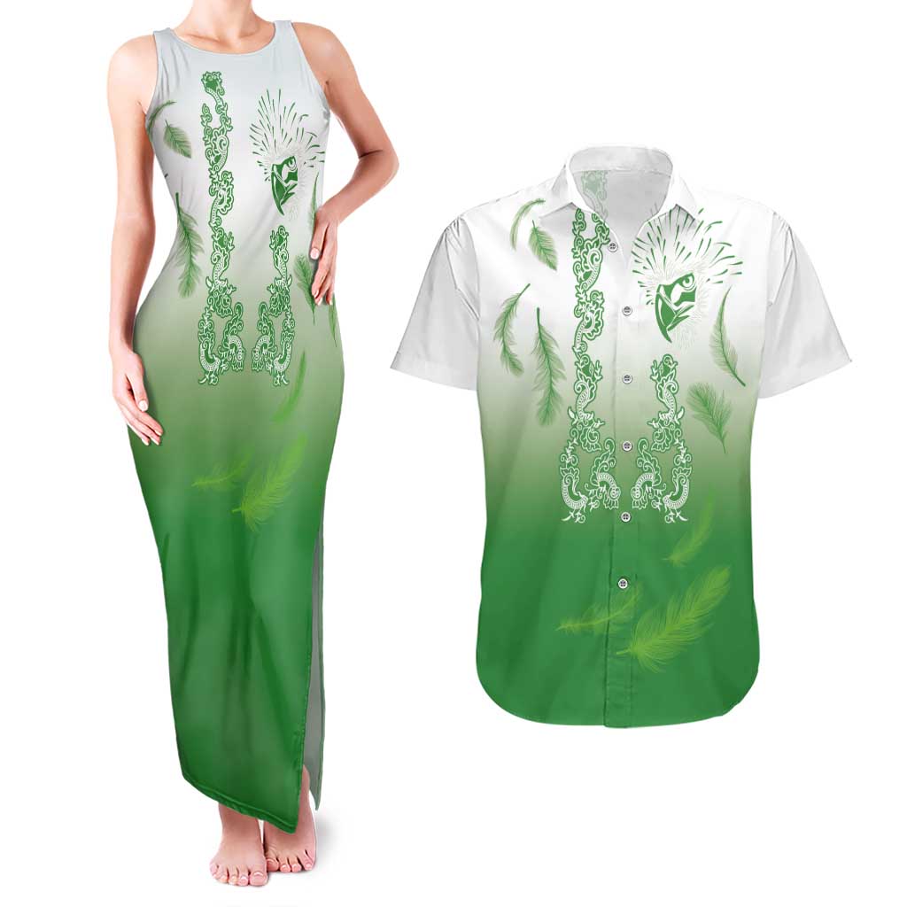 Philippines National Costume Style Couples Matching Tank Maxi Dress and Hawaiian Shirt Barong Tagalog and Eagle Feather Green Color LT03 Green - Polynesian Pride