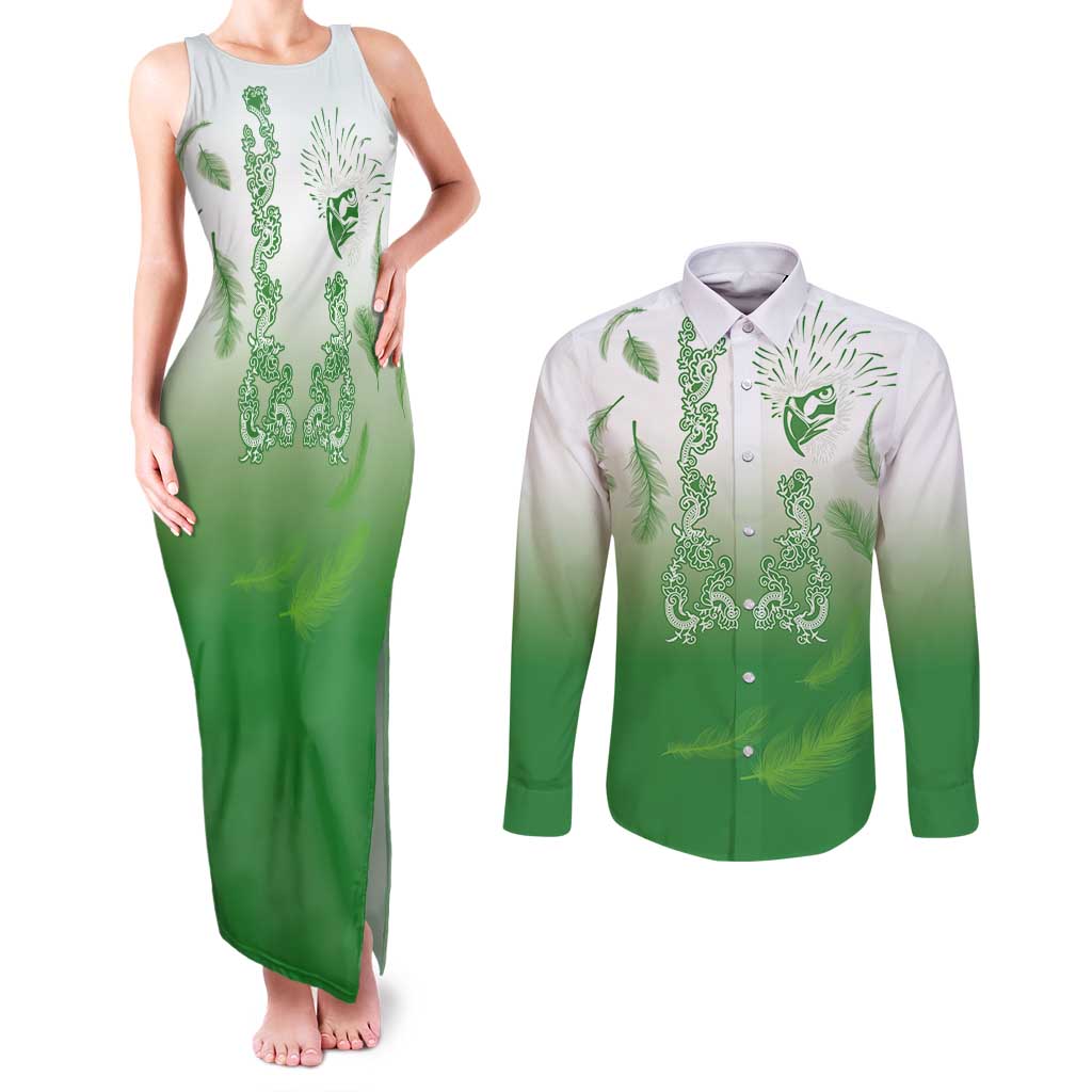 Philippines National Costume Style Couples Matching Tank Maxi Dress and Long Sleeve Button Shirt Barong Tagalog and Eagle Feather Green Color LT03 Green - Polynesian Pride