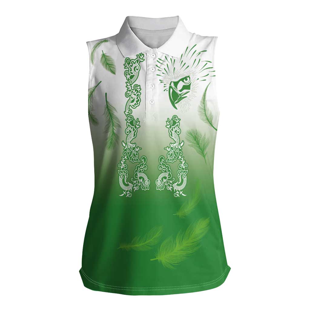 Philippines National Costume Style Women Sleeveless Polo Shirt Barong Tagalog and Eagle Feather Green Color LT03 Female Green - Polynesian Pride