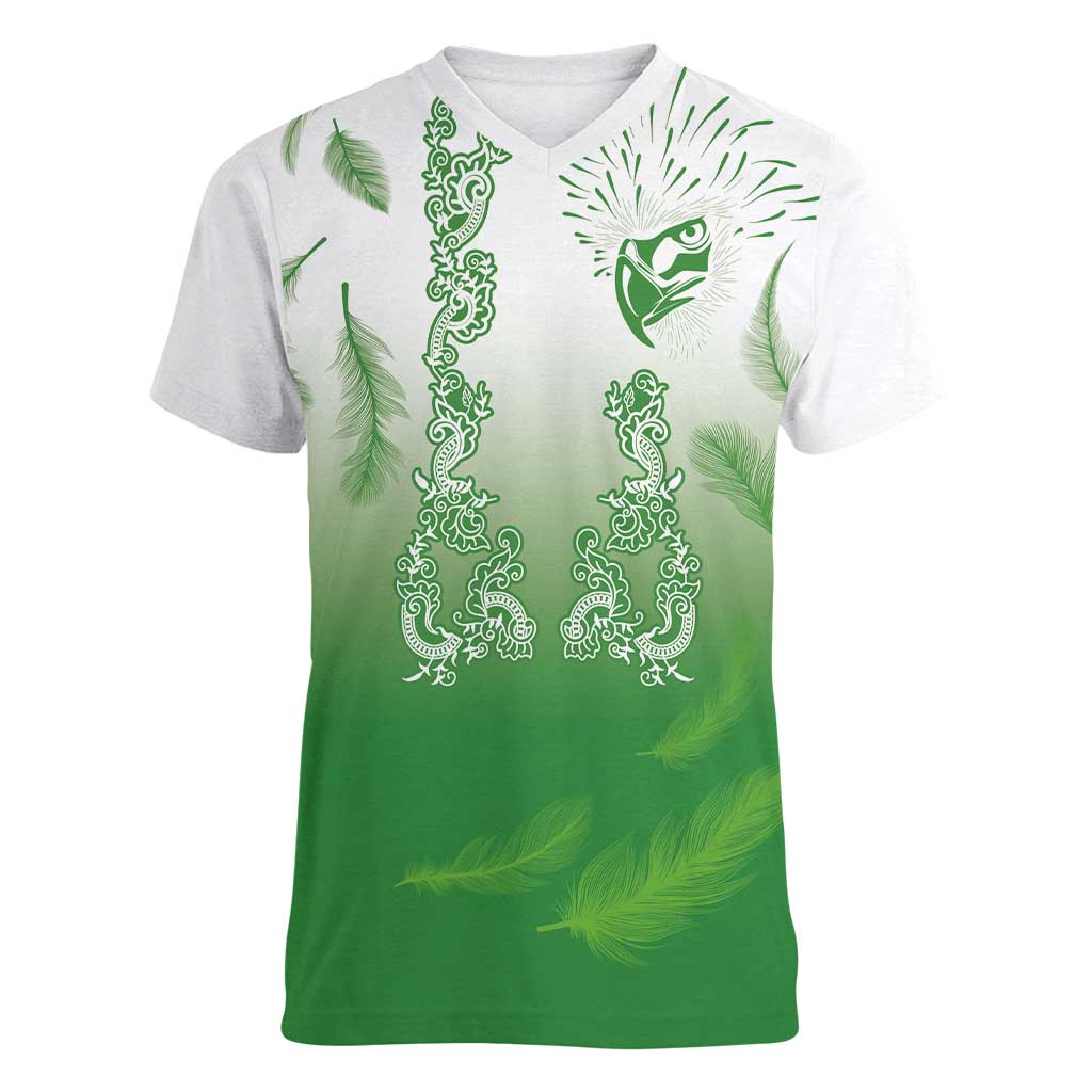 Philippines National Costume Style Women V-Neck T-Shirt Barong Tagalog and Eagle Feather Green Color LT03 Female Green - Polynesian Pride