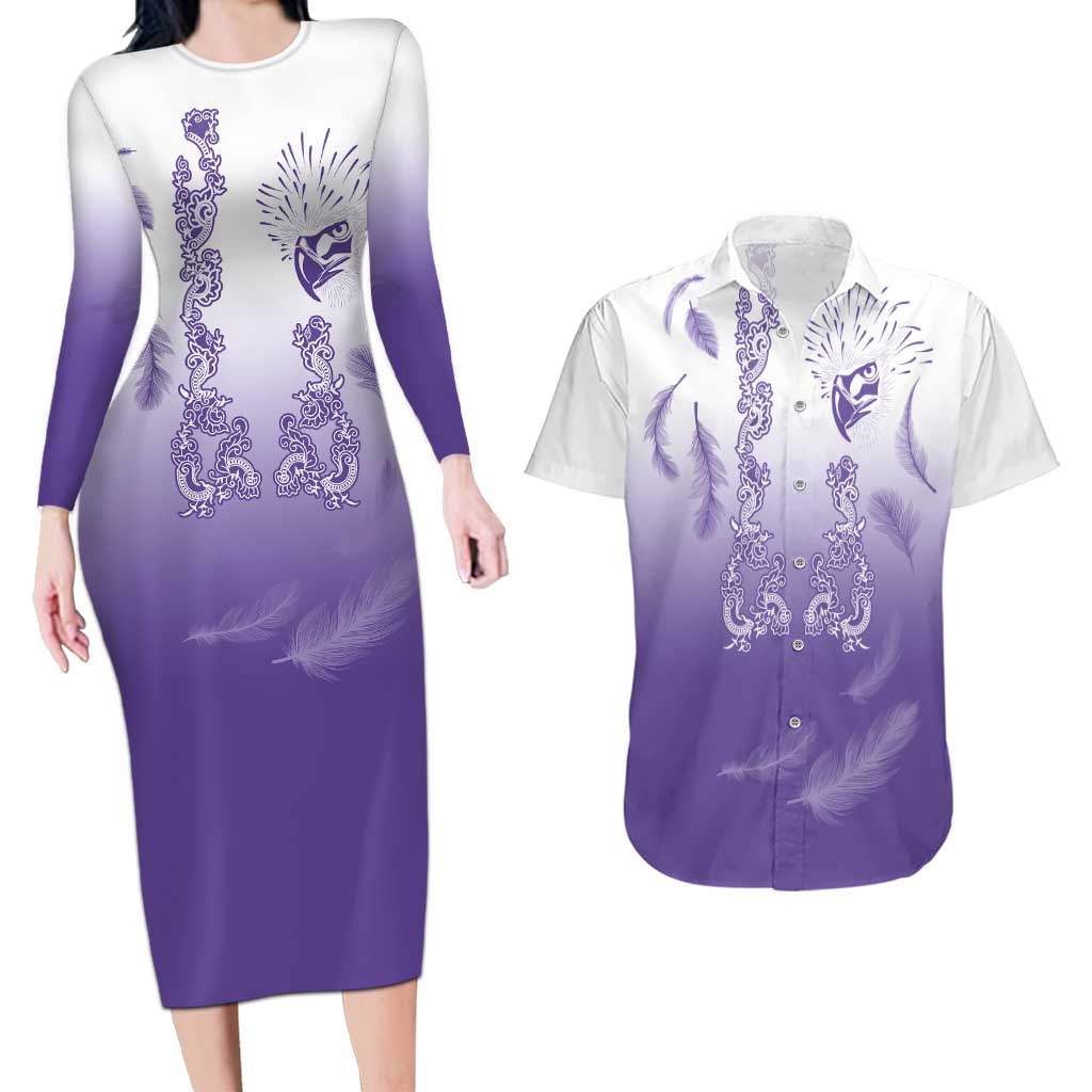 Philippines National Costume Style Couples Matching Long Sleeve Bodycon Dress and Hawaiian Shirt Barong Tagalog and Eagle Feather Purple Color LT03 Purple - Polynesian Pride