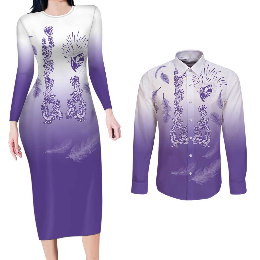 Philippines National Costume Style Couples Matching Long Sleeve Bodycon Dress and Long Sleeve Button Shirt Barong Tagalog and Eagle Feather Purple Color LT03 Purple - Polynesian Pride
