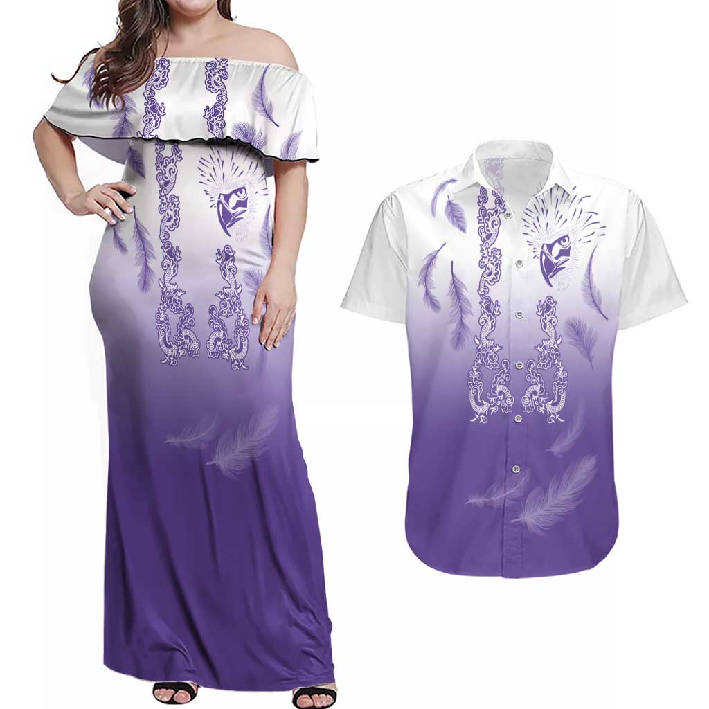 Philippines National Costume Style Couples Matching Off Shoulder Maxi Dress and Hawaiian Shirt Barong Tagalog and Eagle Feather Purple Color LT03 Purple - Polynesian Pride
