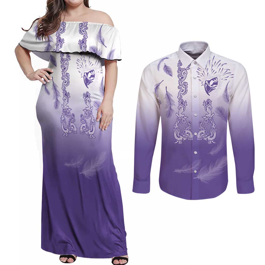 Philippines National Costume Style Couples Matching Off Shoulder Maxi Dress and Long Sleeve Button Shirt Barong Tagalog and Eagle Feather Purple Color LT03 Purple - Polynesian Pride