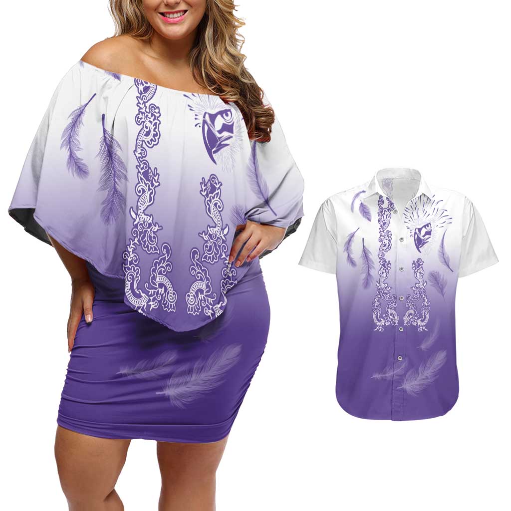 Philippines National Costume Style Couples Matching Off Shoulder Short Dress and Hawaiian Shirt Barong Tagalog and Eagle Feather Purple Color LT03 Purple - Polynesian Pride