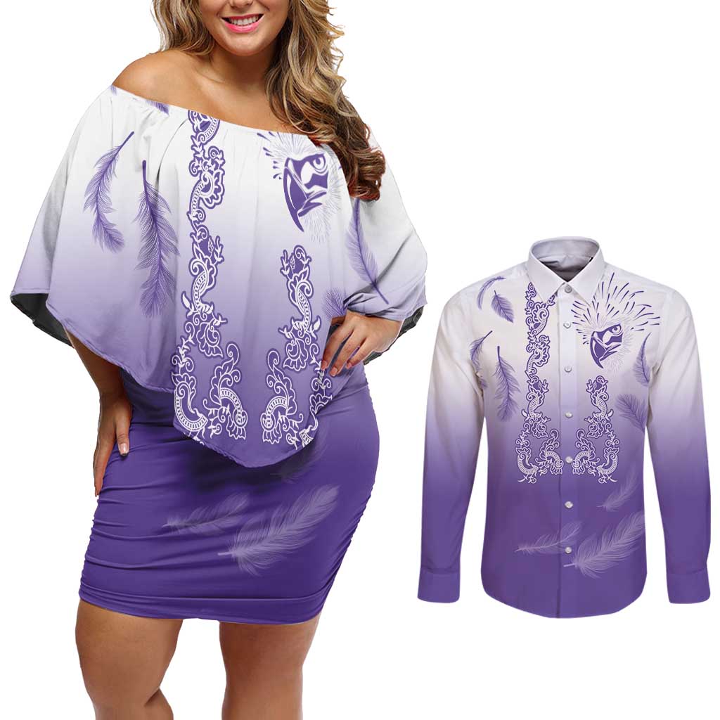 Philippines National Costume Style Couples Matching Off Shoulder Short Dress and Long Sleeve Button Shirt Barong Tagalog and Eagle Feather Purple Color LT03 Purple - Polynesian Pride