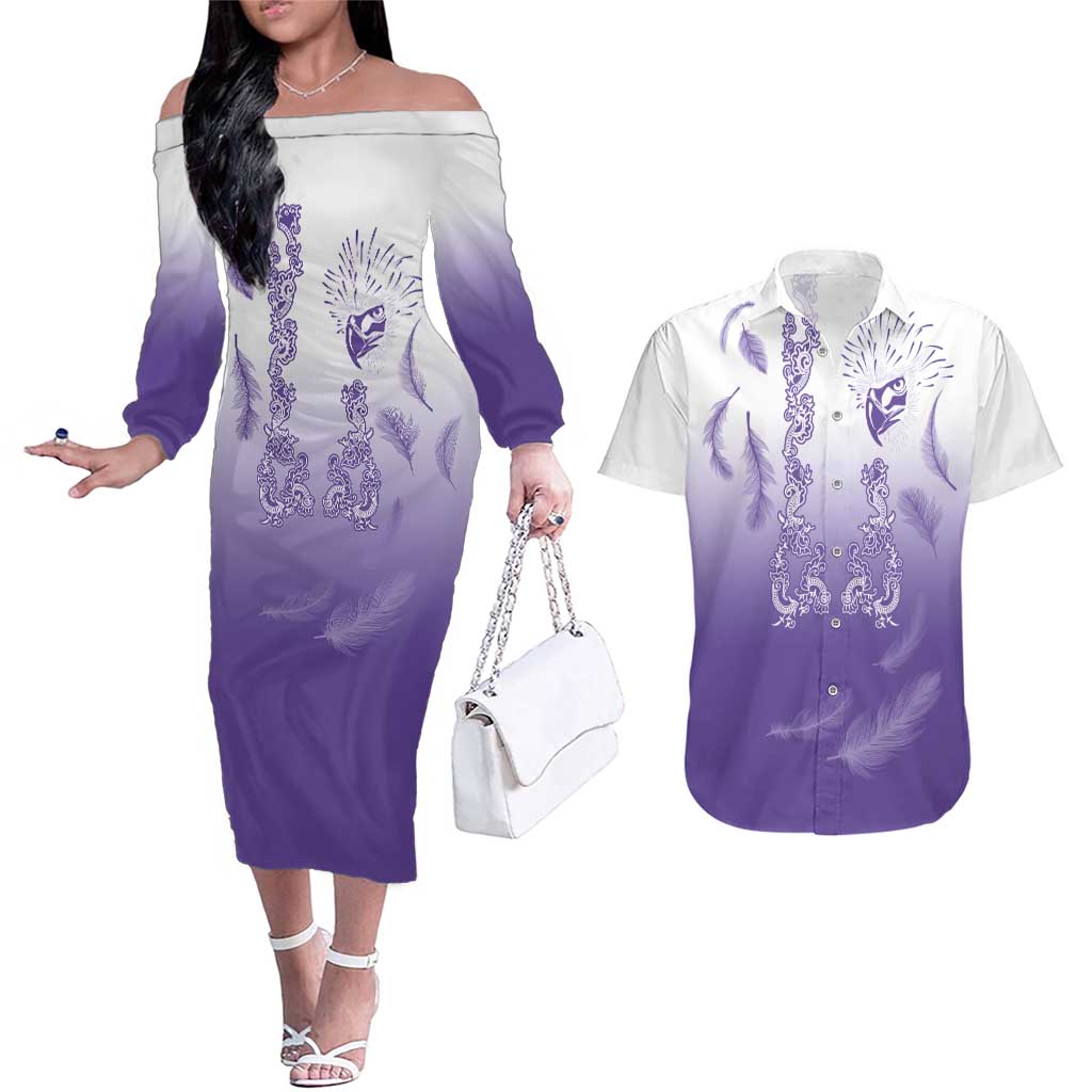 Philippines National Costume Style Couples Matching Off The Shoulder Long Sleeve Dress and Hawaiian Shirt Barong Tagalog and Eagle Feather Purple Color LT03 Purple - Polynesian Pride