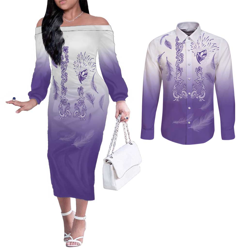 Philippines National Costume Style Couples Matching Off The Shoulder Long Sleeve Dress and Long Sleeve Button Shirt Barong Tagalog and Eagle Feather Purple Color LT03 Purple - Polynesian Pride