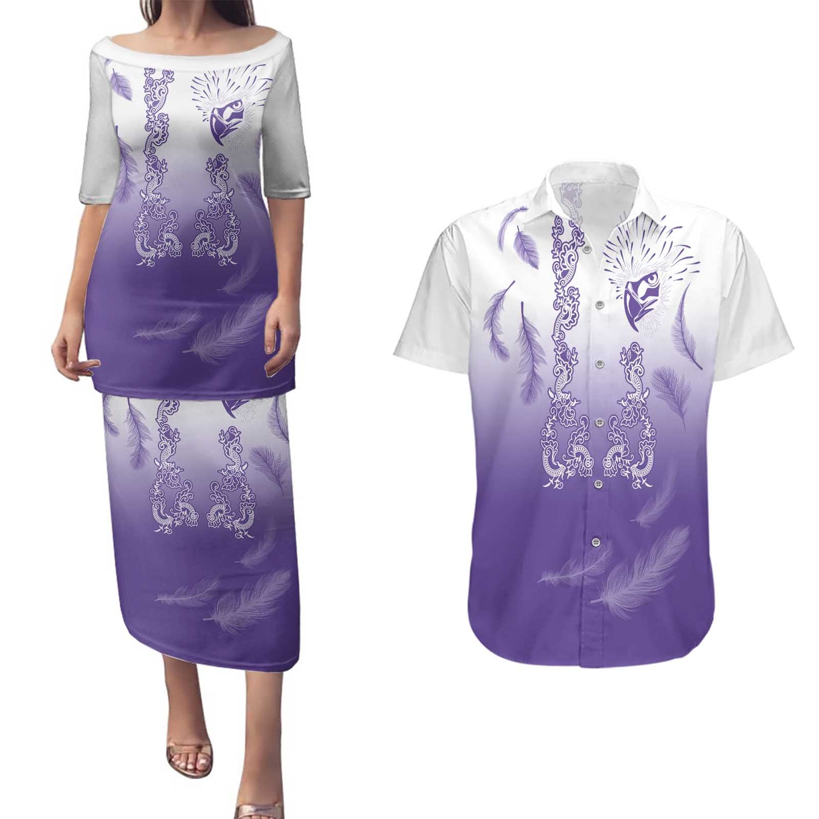Philippines National Costume Style Couples Matching Puletasi and Hawaiian Shirt Barong Tagalog and Eagle Feather Purple Color LT03 Purple - Polynesian Pride