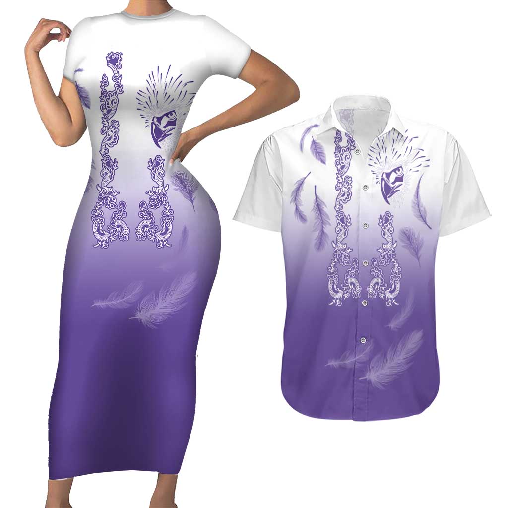 Philippines National Costume Style Couples Matching Short Sleeve Bodycon Dress and Hawaiian Shirt Barong Tagalog and Eagle Feather Purple Color LT03 Purple - Polynesian Pride