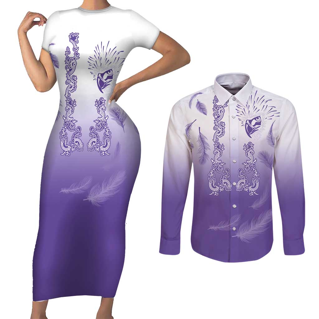 Philippines National Costume Style Couples Matching Short Sleeve Bodycon Dress and Long Sleeve Button Shirt Barong Tagalog and Eagle Feather Purple Color LT03 Purple - Polynesian Pride