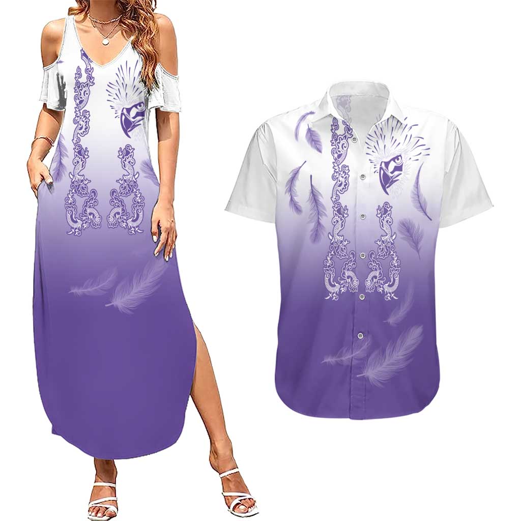 Philippines National Costume Style Couples Matching Summer Maxi Dress and Hawaiian Shirt Barong Tagalog and Eagle Feather Purple Color LT03 Purple - Polynesian Pride