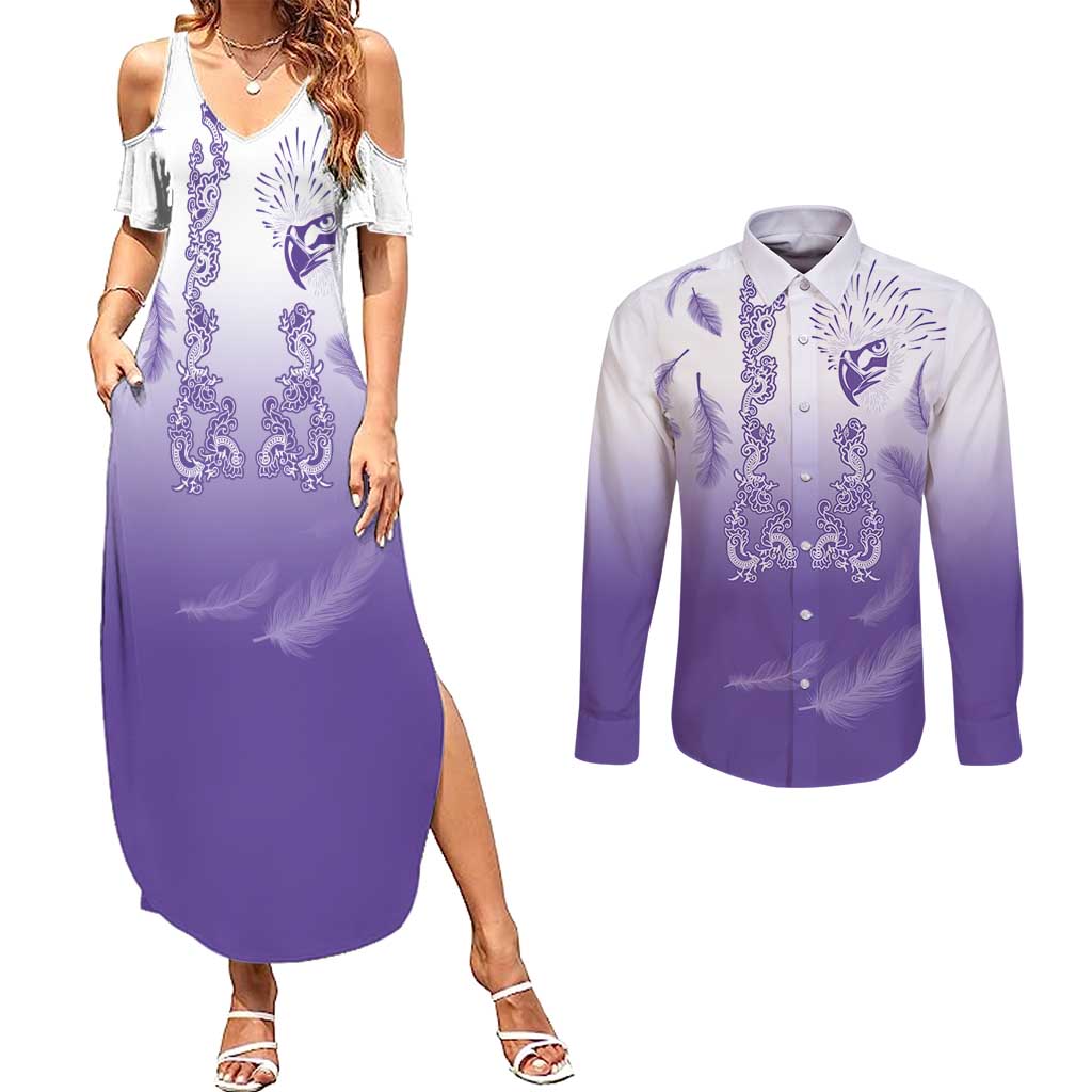 Philippines National Costume Style Couples Matching Summer Maxi Dress and Long Sleeve Button Shirt Barong Tagalog and Eagle Feather Purple Color LT03 Purple - Polynesian Pride