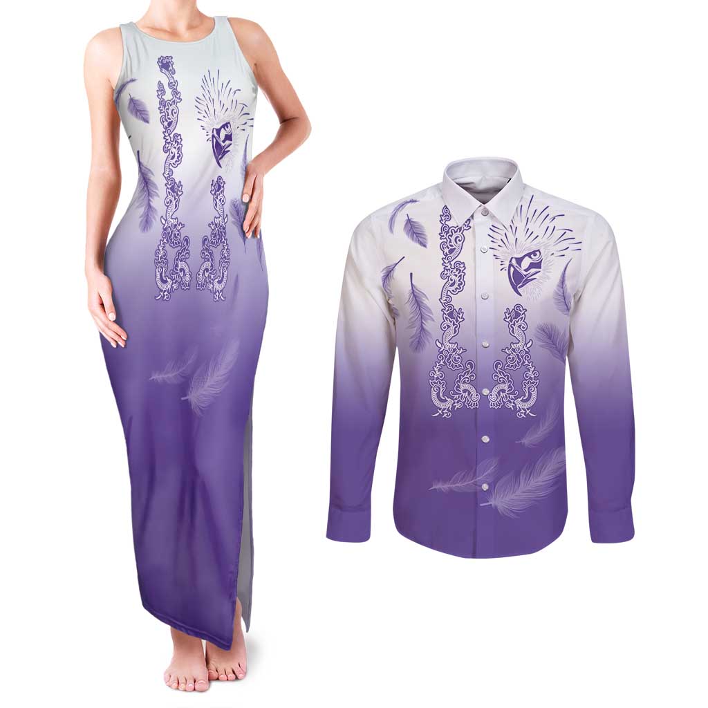 Philippines National Costume Style Couples Matching Tank Maxi Dress and Long Sleeve Button Shirt Barong Tagalog and Eagle Feather Purple Color LT03 Purple - Polynesian Pride