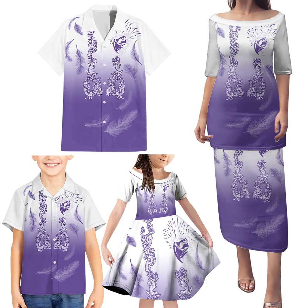 Philippines National Costume Style Family Matching Puletasi and Hawaiian Shirt Barong Tagalog and Eagle Feather Purple Color