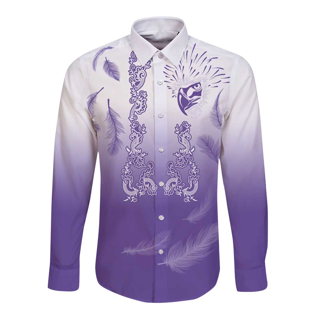 Philippines National Costume Style Long Sleeve Button Shirt Barong Tagalog and Eagle Feather Purple Color LT03 Unisex Purple - Polynesian Pride