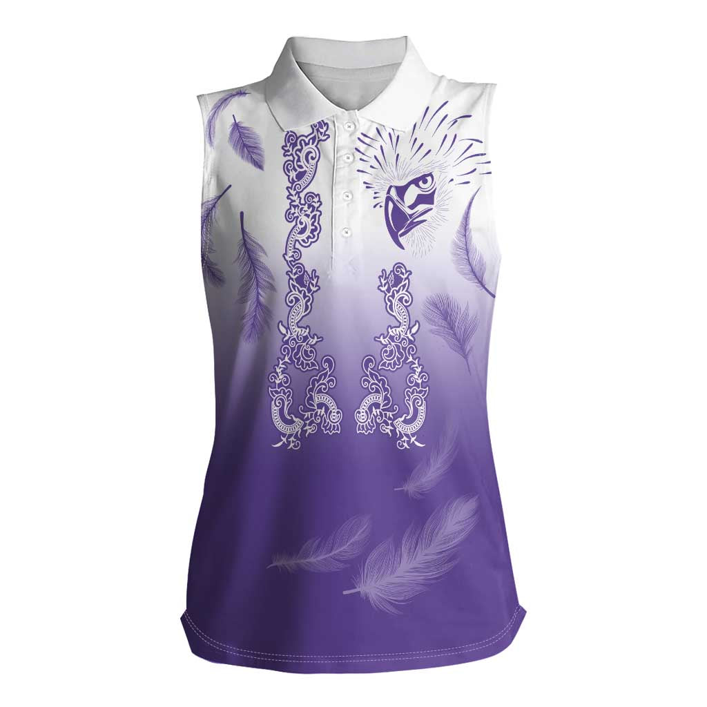 Philippines National Costume Style Women Sleeveless Polo Shirt Barong Tagalog and Eagle Feather Purple Color LT03 Female Purple - Polynesian Pride