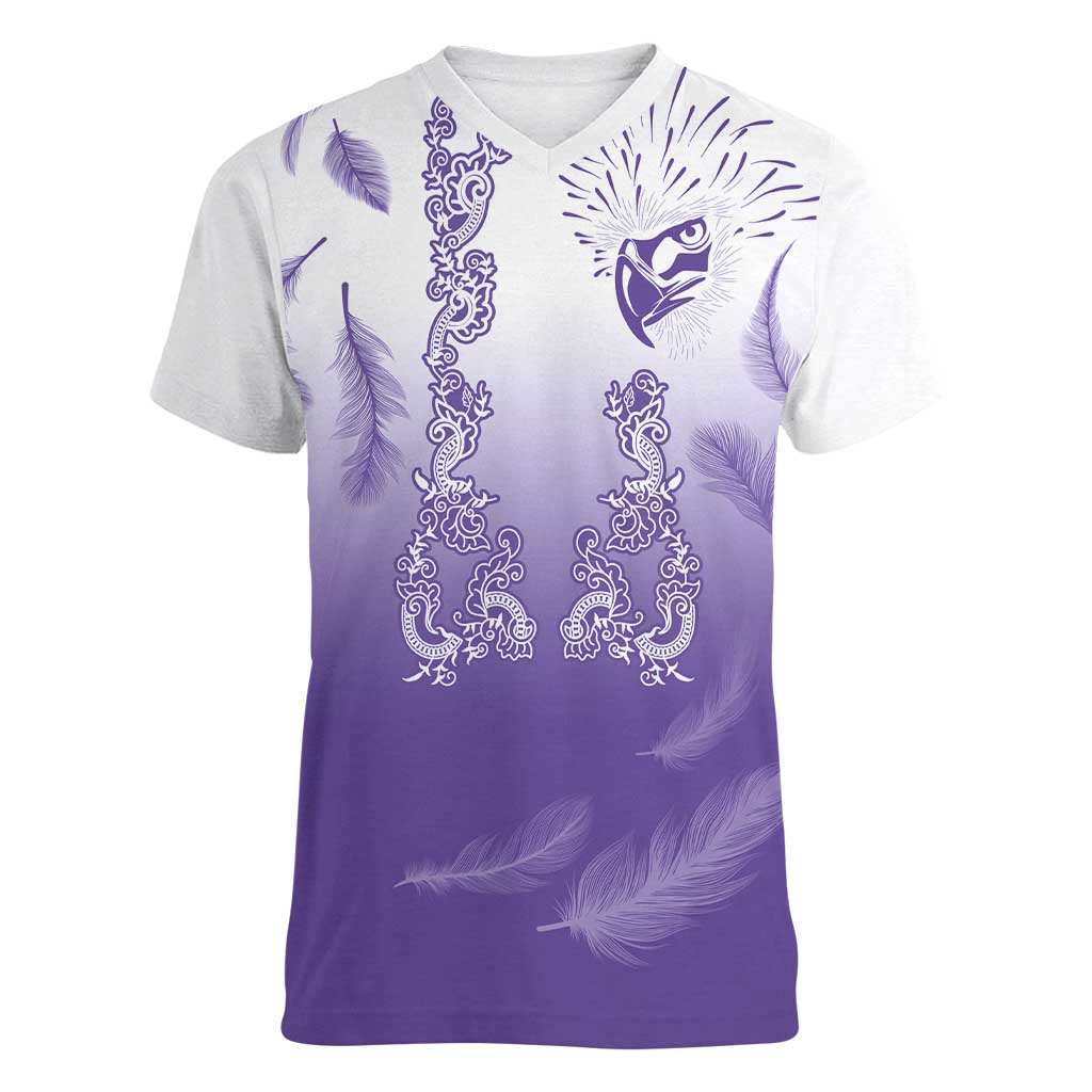 Philippines National Costume Style Women V-Neck T-Shirt Barong Tagalog and Eagle Feather Purple Color LT03 Female Purple - Polynesian Pride