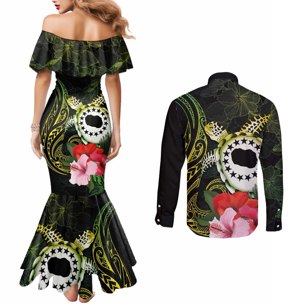 Kia Orana Cook Islands Couples Matching Mermaid Dress and Long Sleeve Button Shirt Turtle and Hibiscus Polynesian Pattern