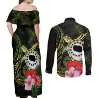 Kia Orana Cook Islands Couples Matching Off Shoulder Maxi Dress and Long Sleeve Button Shirt Turtle and Hibiscus Polynesian Pattern