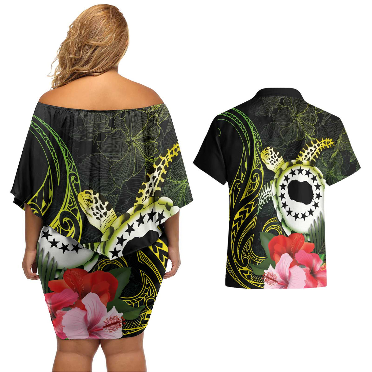 Kia Orana Cook Islands Couples Matching Off Shoulder Short Dress and Hawaiian Shirt Turtle and Hibiscus Polynesian Pattern