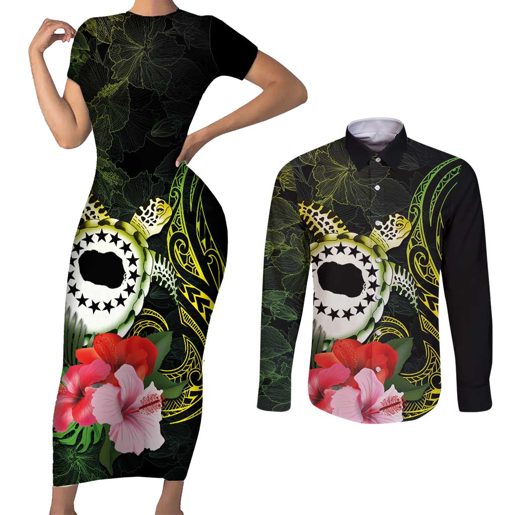 Kia Orana Cook Islands Couples Matching Short Sleeve Bodycon Dress and Long Sleeve Button Shirt Turtle and Hibiscus Polynesian Pattern