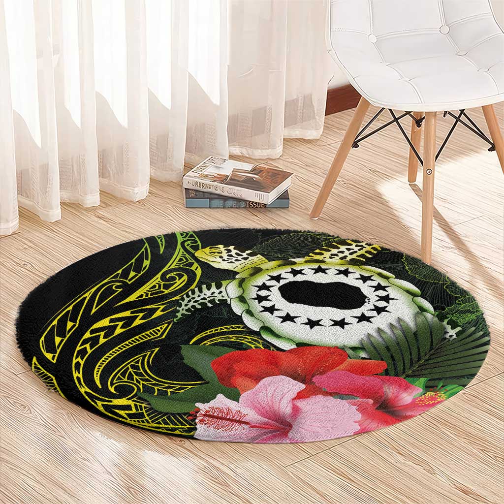 Kia Orana Cook Islands Round Carpet Turtle and Hibiscus Polynesian Pattern