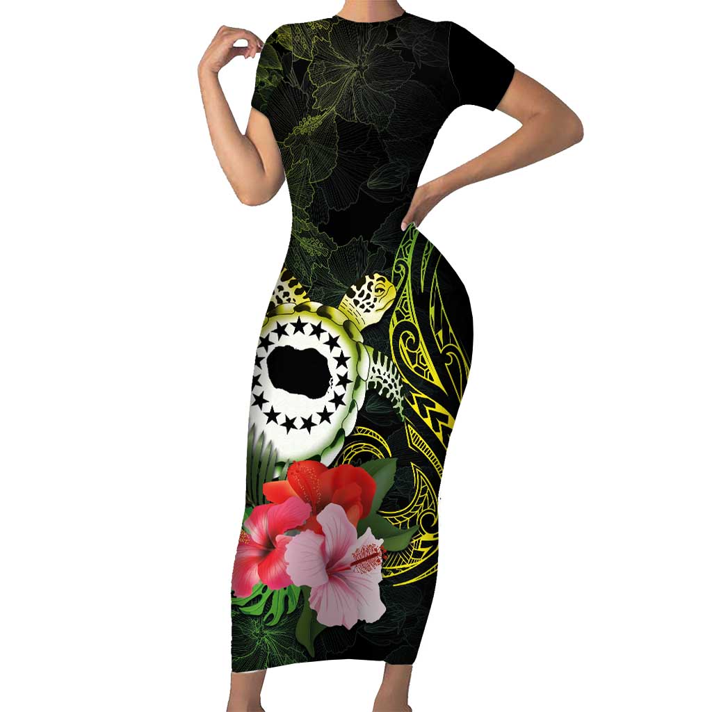 Kia Orana Cook Islands Short Sleeve Bodycon Dress Turtle and Hibiscus Polynesian Pattern