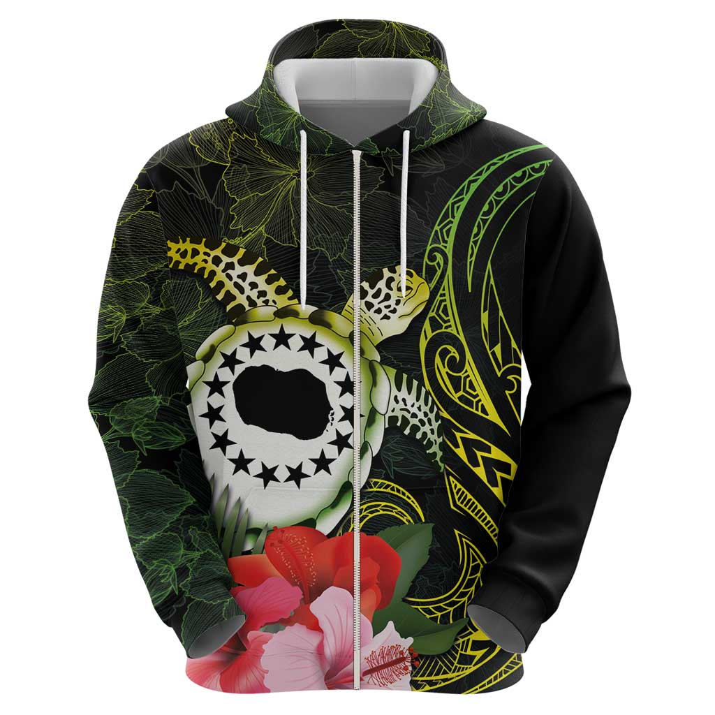 Kia Orana Cook Islands Zip Hoodie Turtle and Hibiscus Polynesian Pattern