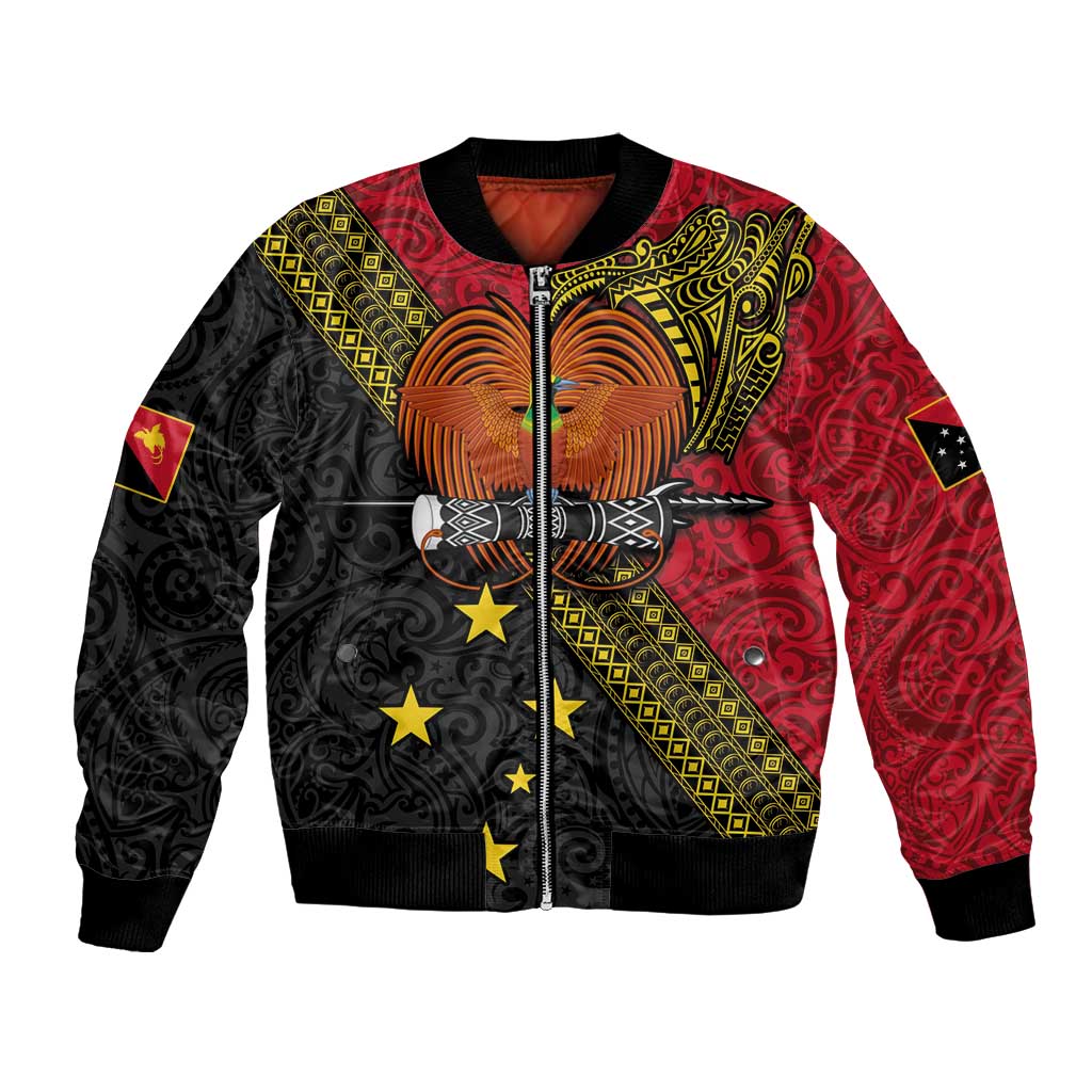 Papua New Guinea Goroka Show Bomber Jacket Bird-of-paradise and Melanesian Tattoo Pattern LT03 Unisex Red - Polynesian Pride