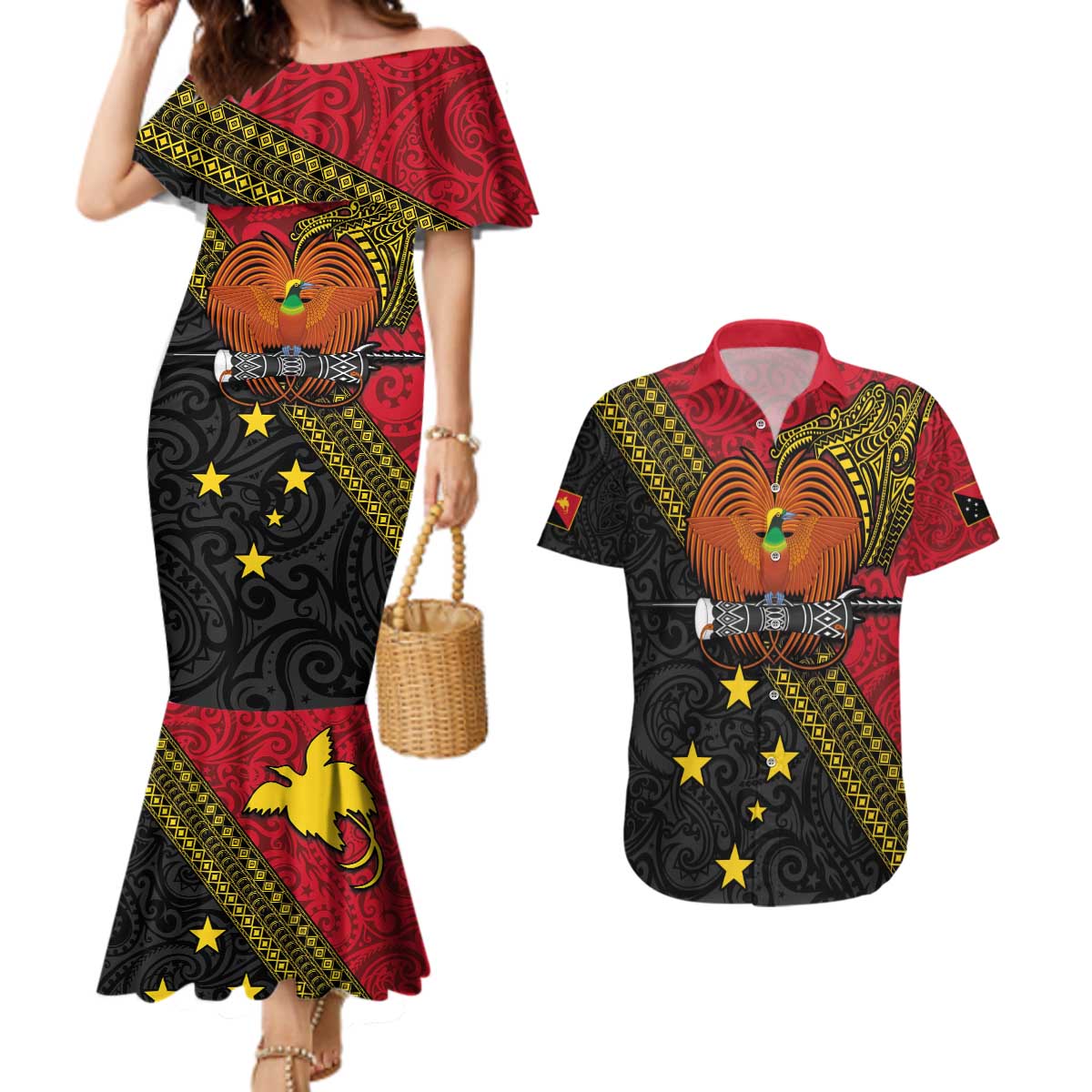 Papua New Guinea Goroka Show Couples Matching Mermaid Dress and Hawaiian Shirt Bird-of-paradise and Melanesian Tattoo Pattern LT03 Red - Polynesian Pride